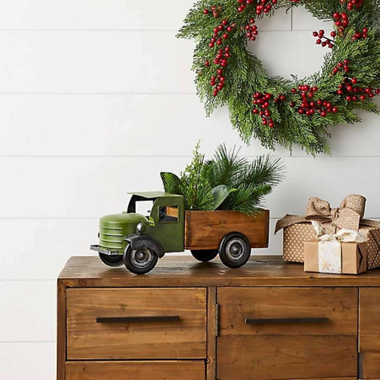 Melrose Vintage-Style Metal Pick Up Truck with Wood Bed - 18" - Green and Brown
